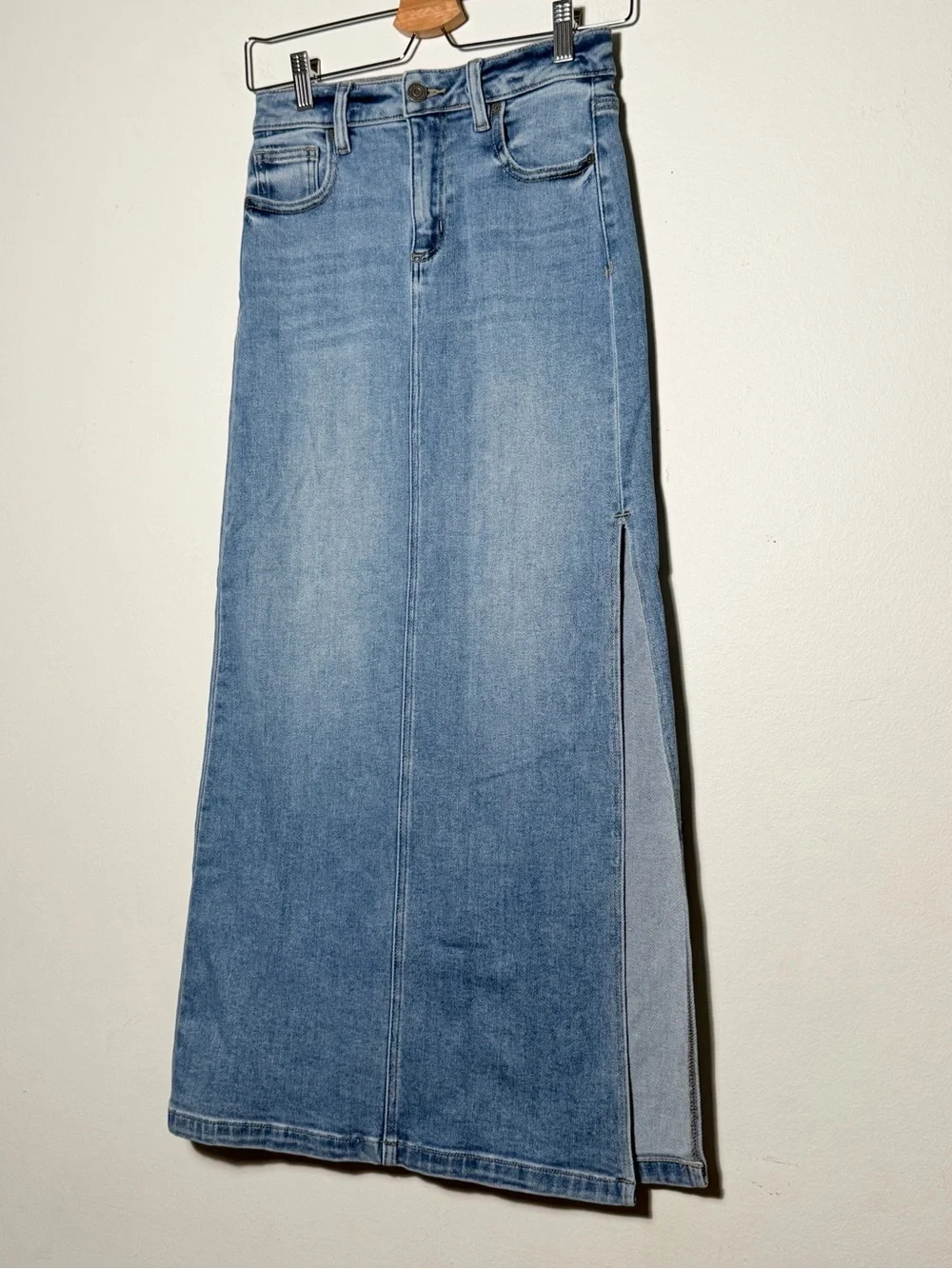 Classic Light Blue Denim Maxi Skirt with Side Panel